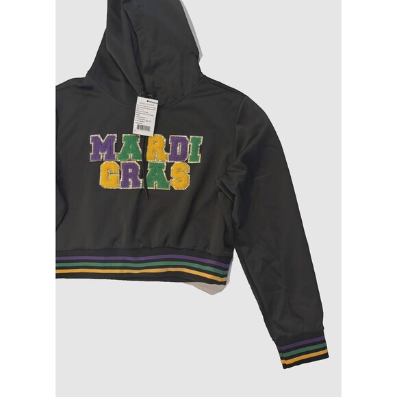 Women’s Mardi Gras Hoodie XL Black Long Sleeve Cropped Sweatshirt NWT - Picture 2 of 11